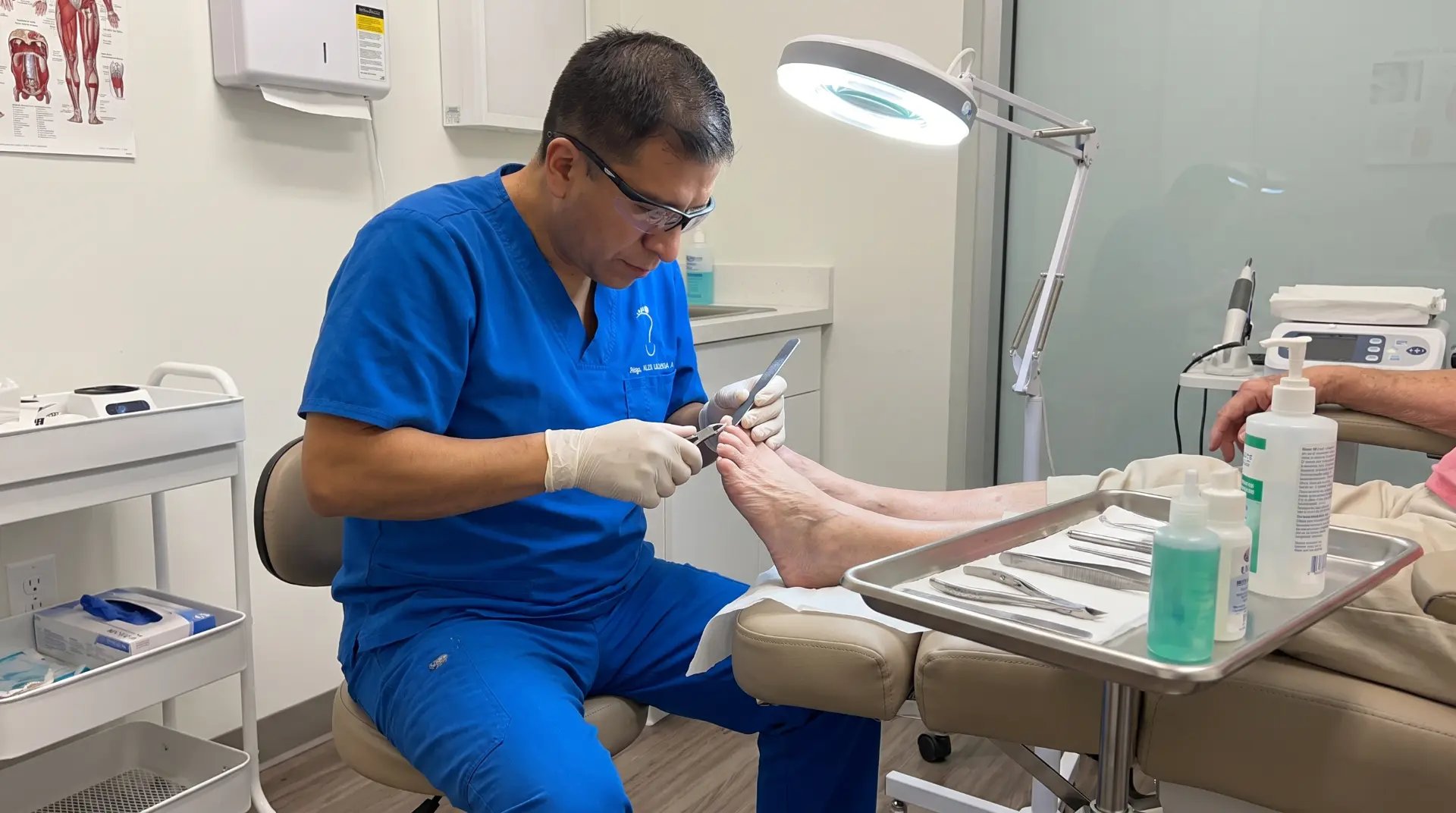 Alex Ludeña performing routine nail care with gloves and sanitized instruments